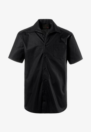 Kortærmet, sort knap-op skjorte lavet af glat bomuldsstof. Indeholder en brystlomme og et afslappet kravedesign.