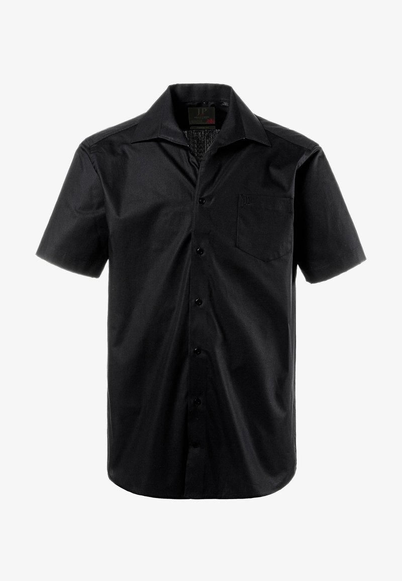 Camicetta nera a maniche corte con bottoni, realizzata in morbido cotone. Presenta una tasca sul petto e un design del colletto rilassato.
