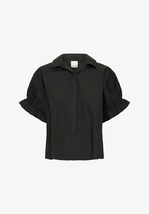 Black short-sleeve shirt with a collared neck and puffed sleeves. Made of cotton with a smooth texture, featuring a button-down front.