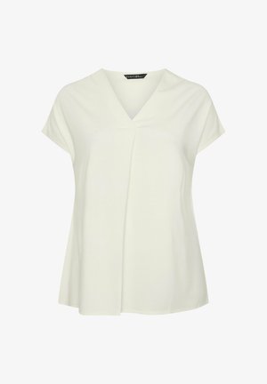 Hvid, kortærmet top med V-hals og plisseret frontdesign. Lavet af blødt, letvægtsstof. Glat tekstur med en afslappet pasform.