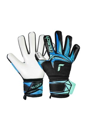 Pair of Reusch goalkeeper gloves with white palms and black, blue, and turquoise patterned backs and adjustable wrist straps.