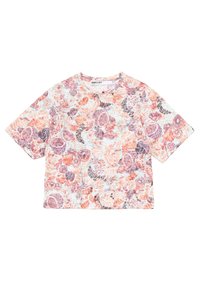 Krátký rukáv, zkrácený top z lehkého materiálu s vícebarevným květinovým a abstraktním vzorem v odstínech růžové, fialové a oranžové.