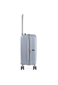 Maleta rígida gris con un mango telescópico, cuatro ruedas y un cierre de cremallera. Textura suave y diseño minimalista.