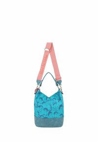 Borsa in tessuto turchese con un motivo ripetuto di volti, fondo in suede e una tracolla rosa con testo "Viva la Vida".