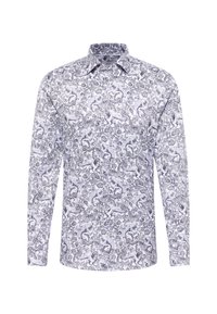 Witte lange mouw knoopsluiting shirt met een zwart gedetailleerd patroon van fantasiedieren en bladeren erdoorheen.