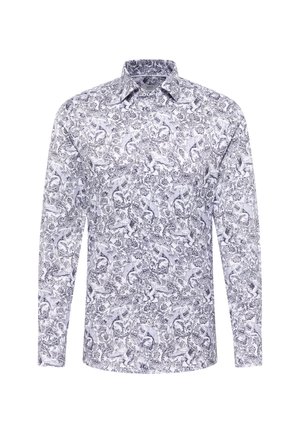 Chemise blanche à manches longues avec des boutons, ornée d'un motif détaillé d'animaux fantastiques et de feuillage noir.