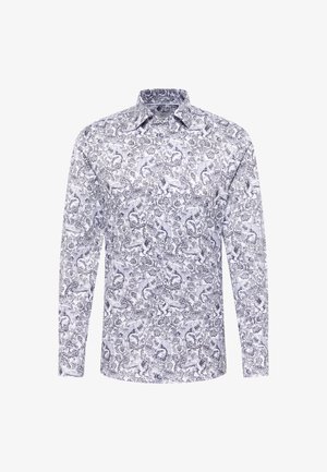 Chemise blanche à manches longues avec des boutons, ornée d'un motif détaillé d'animaux fantastiques et de feuillage noir.