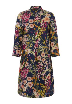 Robe bleu marine à manches longues avec imprimé floral multicolore, boutonnée sur le devant avec col, longueur genou avec une coupe ample.
