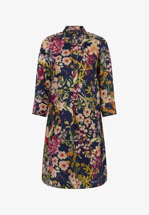 Navy lange mouwen jurk met meerkleurige bloemenprint, knoopsluiting voor en kraag, knielengte met een losse pasvorm.