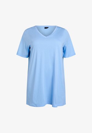 Light blue V-neck T-shirt made of soft cotton with short sleeves and a relaxed fit. Features a simple, smooth texture and no patterns.