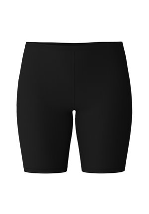 Zwarte sportshorts van rekbaar materiaal, met een gladde textuur, een aansluitend ontwerp en een klein gaatje aan de voorkant in het midden.