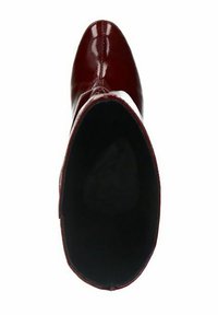Burgundy patent leather knee-high boot with a pointed toe and smooth texture, featuring a black interior and no visible hardware.