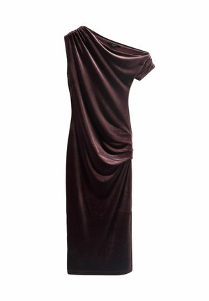 Braunes Samtkleid mit asymmetrischem Design. Verfügt über drapierte Details und eine taillierte Silhouette, mit einem knielangen Schnitt.