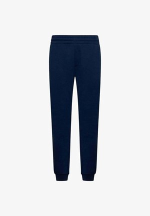 Pantaloni jogger blu navy realizzati in tessuto morbido, con vita elastica, gambe affusolate e polsini a costine alle caviglie.