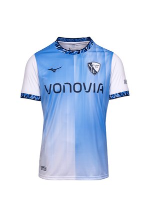 VfL Bochum Fußballtrikot mit weißen und hellblauen vertikalen Streifen, dunkelblauem gemustertem Kragen und Ärmelsaum sowie Vonovia-Sponsorlogo.