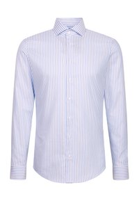 Heren overhemden met lange mouwen in lichtblauw en witte verticale strepen, met knoopsluiting aan de voorkant, klassieke kraag en met knopen gesloten manchetten.