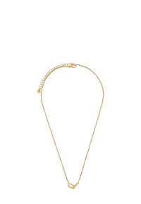 Goldene Kettenhalskette mit einem geometrischen Anhänger. Hat ein zartes Gliederdesign und einen verstellbaren Verschluss für unterschiedliche Längen.