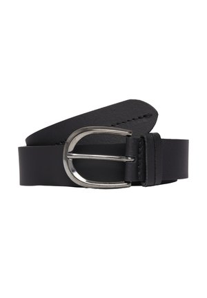 Ceinture en cuir noir avec une boucle en métal argenté, design plat et bords cousus. Longueur réglable avec une silhouette classique.