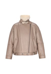 Giacca di pelle beige con un morbido colletto in faux shearling crema, chiusura con zip asimmetrica, tasche laterali e bottoni a pressione in vita.