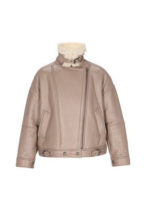 Beige Lederjacke mit einem weichen, cremefarbenen Kunstfellkragen, asymmetrischem Reißverschluss, seitlichen Taschen und Druckknöpfen an der Taille.