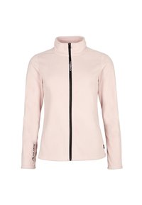 Hellrosa Fleecejacke mit hohem Kragen, durchgehendem Reißverschluss und schwarzen Akzenten, einschließlich Markenlogo und Polartec-Detail am Ärmel.