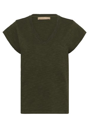 Olivno zelena kratka majica s kratkimi rokavi, načrtovana z V-izrezom, izdelana iz lahkega materiala z mehkimi vlakni in subtilnim melange vzorcem.