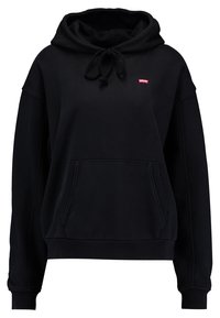 Sweat à capuche noir en tissu mélangé coton avec poche avant, capuche à cordon et petit logo rouge sur la poitrine. Poignets et ourlet côtelés.