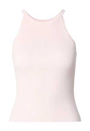 Geripptes ärmelloses Oberteil in sanftem Rosa. Mit hohem Ausschnitt, figurbetontem Schnitt und elastischer Textur für Komfort.