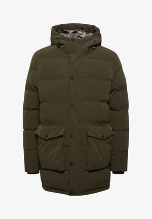 Oliivroheline puffer-jakk kapuutsiga, mustade nuppudega, esikottidega ja sileda voodriga. Tekstureeritud kangas, millel on tikandimuster.