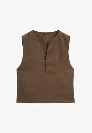 Braunes ärmelloses Oberteil aus strukturiertem Stoff, mit V-Ausschnitt und geradem Saum. Einfaches, minimalistisches Design ohne Verzierungen.