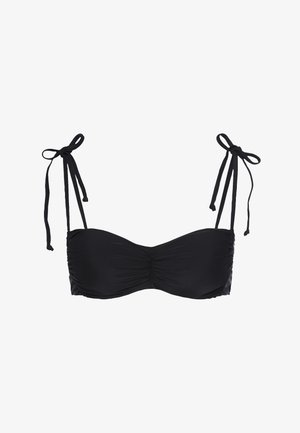 Schwarzer Bikini-Oberteil mit gerafftem Mittelteil, verstellbaren Bindebändern auf jeder Seite und einer glatten Stoffstruktur. Keine Beschläge oder Verzierungen.