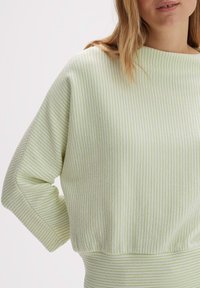 Maglione a righe verde chiaro con texture a costine, ampia scollatura a barca e spalle scese. Presenta righe orizzontali di larghezza variabile.
