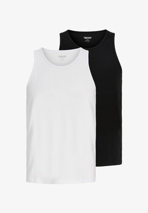 Kaksi toppia pakkauksessa: yksi valkoinen pyöreällä pääntiellä ja valkoisella reunuksella, yksi musta pyöreällä pääntiellä. Puuvillakangasta, yksinkertainen muotoilu.