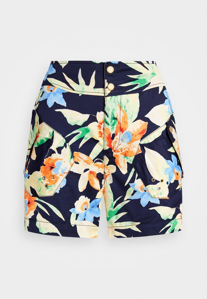 Shorts navy à motif floral avec de grandes poches, ornés de fleurs oranges et bleues. Accents en métal doré sur la taille et les poches.
