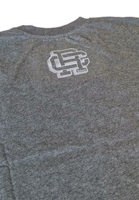 Men's gray t-shirt featuring a printed logo in white and black on the upper back. Made of a textured fabric with a crew neck design.