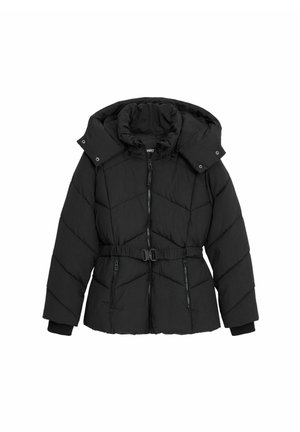 Schwarze Daunenjacke mit abnehmbarem Kapuzen, tailliertem Gürtel, Zickzack-Nähten und zwei Reißverschlusstaschen. Weicher, abgestepptes Material.