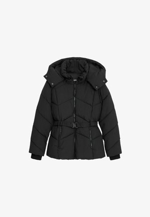 Černá péřová bunda s odnímatelnou kapucí, opaskem v pase, vzorem žebrovaného švu a dvěma kapsami na zip. Měkká, quiltovaná textura.