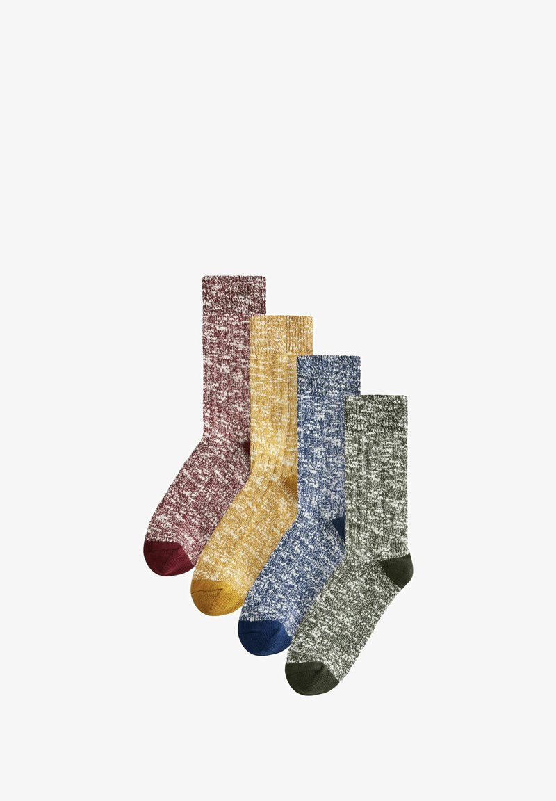 Štyri páry ponožiek v marhuľovej, horčicovej, modrej a zelenej farbe, s textúrovaným pleteným vzorom a kontrastnými farbami špičiek.