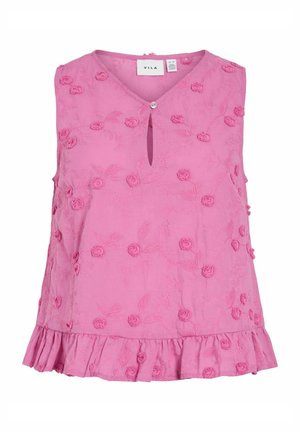 Blouse rose sans manches avec broderie florale, bouton unique à l'avant, encolure goutte d'eau et ourlet à volants de la marque VILA.