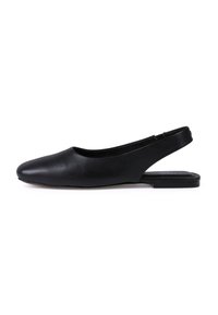 Black leather slingback shoe with a smooth texture, rounded toe, and flat sole. Features a cutout design at the heel for style and comfort.