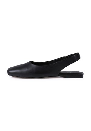 Black leather slingback shoe with a smooth texture, rounded toe, and flat sole. Features a cutout design at the heel for style and comfort.
