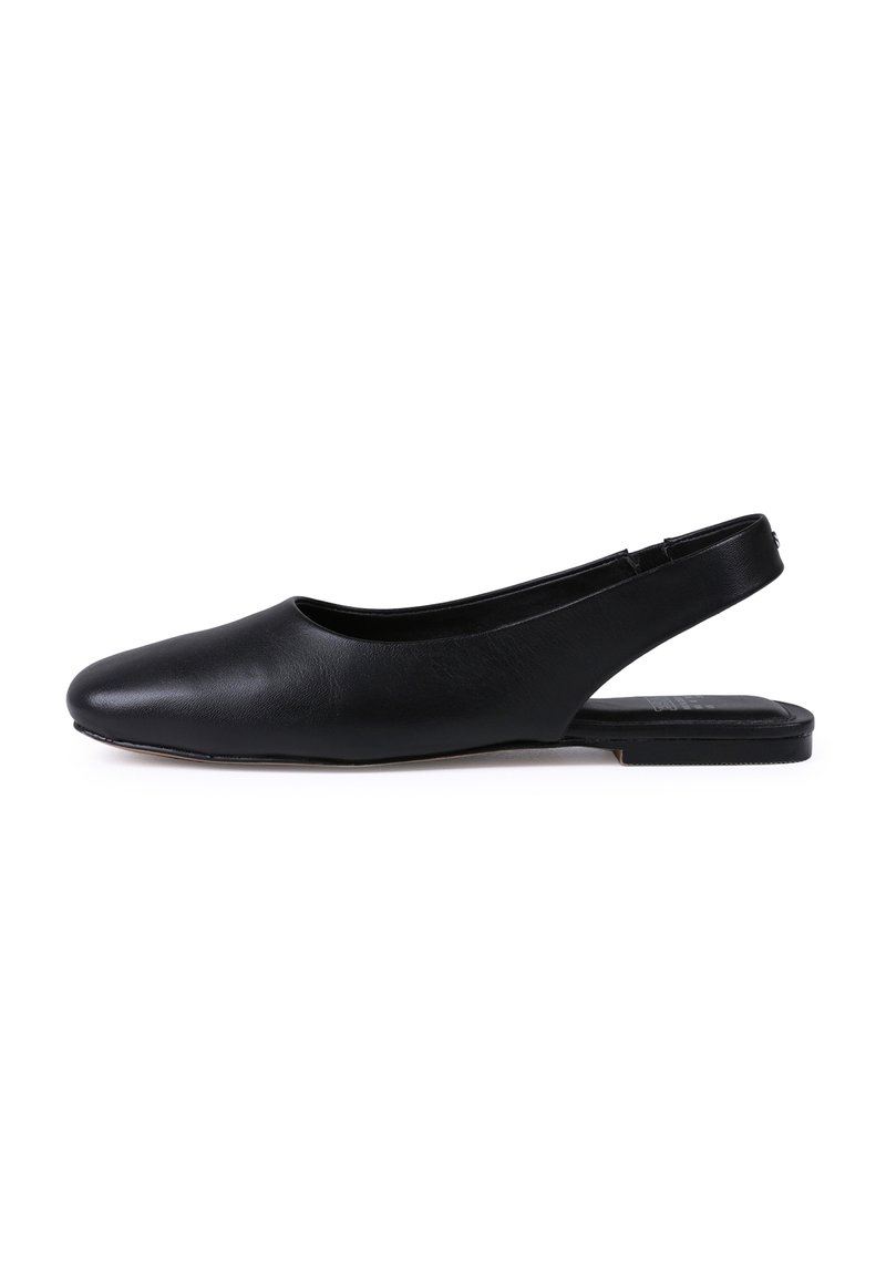 Black leather slingback shoe with a smooth texture, rounded toe, and flat sole. Features a cutout design at the heel for style and comfort.