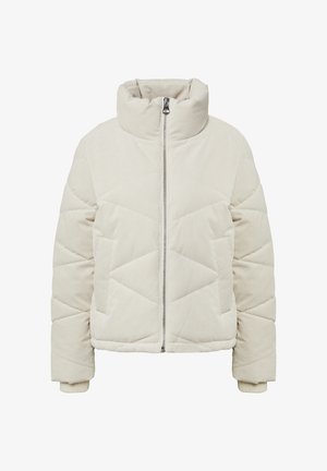 Doudoune en velours côtelé beige avec un col haut, fermeture éclair, motif matelassé, et poignets côtelés ainsi que des poches latérales.