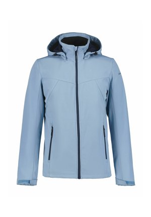 Hellblaues Outdoor-Jacke mit Kapuze, Frontreißverschluss und zwei seitlichen Reißverschlusstaschen. Verfügt über eine glatte Textur und einen kontrastierenden dunklen Innenstoff.