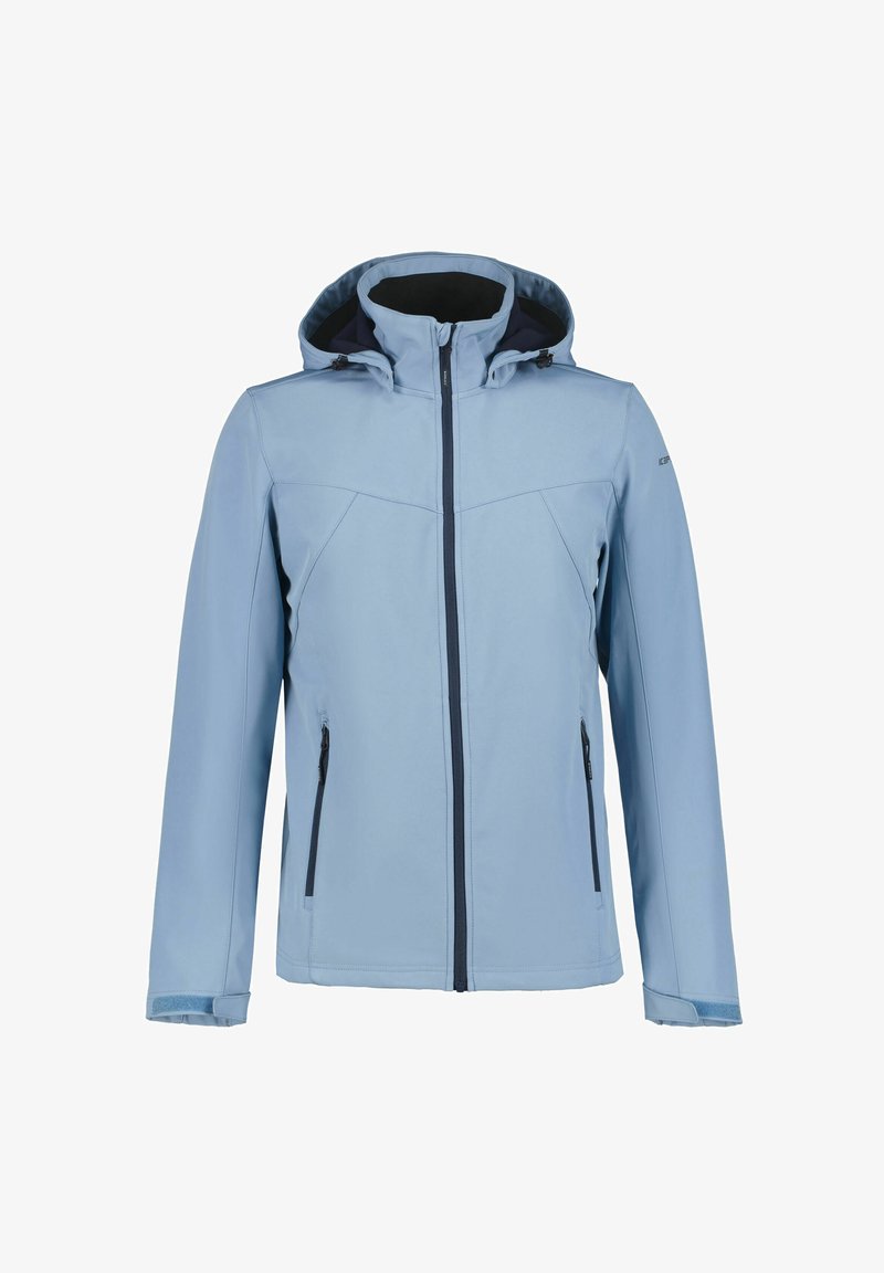 Light blue outdoor jacket with a hood, front zipper, and two zippered side pockets. Features a smooth texture and contrasting dark lining.