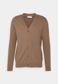 Hnědý kardigan s výstřihem do V, dlouhými rukávy a zapínáním na šest knoflíků vpředu. Vyroben z měkké, strukturované tkaniny s pružnými manžetami a lemem.