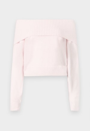 Svijetloružičasti skraćeni pulover, dizajn bez ramena, rebrasti izrez i manšete, meka tekstura, duge rukave, minimalni detalji.