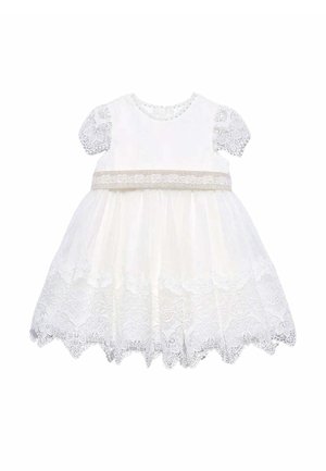 Vestito bianco per bambina con maniche corte in pizzo, rifinitura in pizzo in vita e orlo smerlato in pizzo su gonna ampia e arricciata.