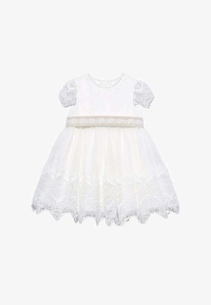 Vestito bianco per bambina con maniche corte in pizzo, rifinitura in pizzo in vita e orlo smerlato in pizzo su gonna ampia e arricciata.