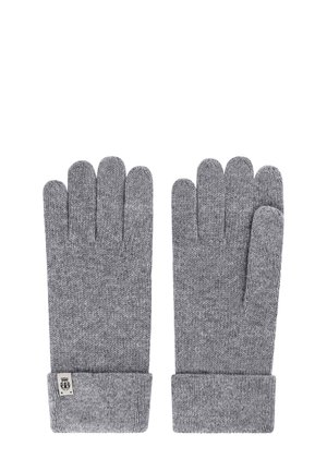 Pair of gray knitted gloves with folded cuffs, one cuff featuring a small fabric tag with a black emblem.